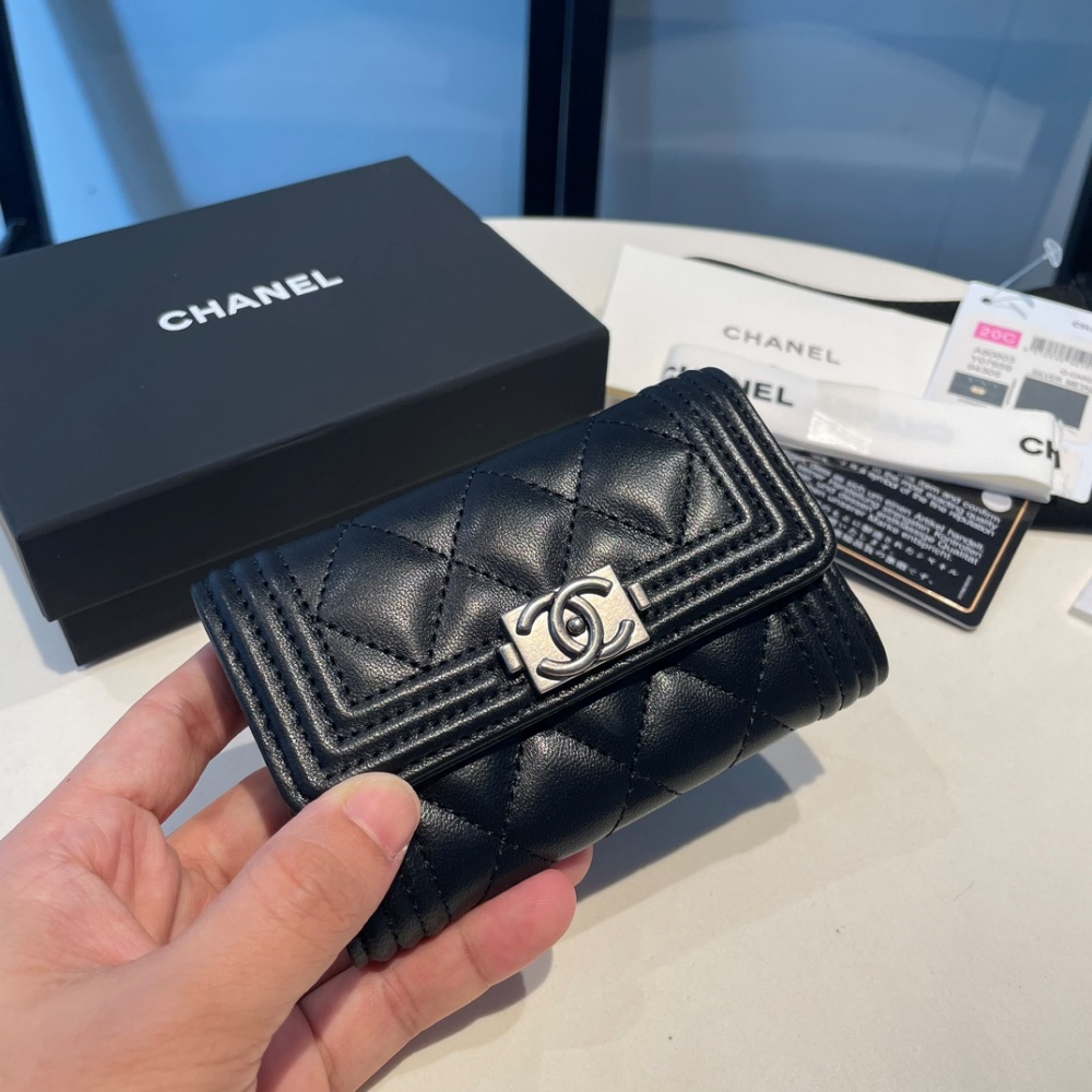 [샤넬] Chanel-똑딱이 카드지갑 카드홀더 블랙 램스킨