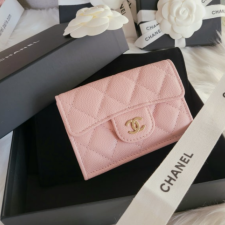 [샤넬] Chanel-클래식 똑딱이 플랩 카드 지갑 캐비어 라이트 핑크