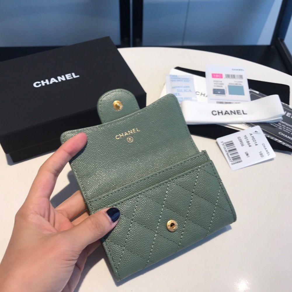 [샤넬] Chanel-클래식 똑딱이 플랩 카드 지갑 캐비어 그린